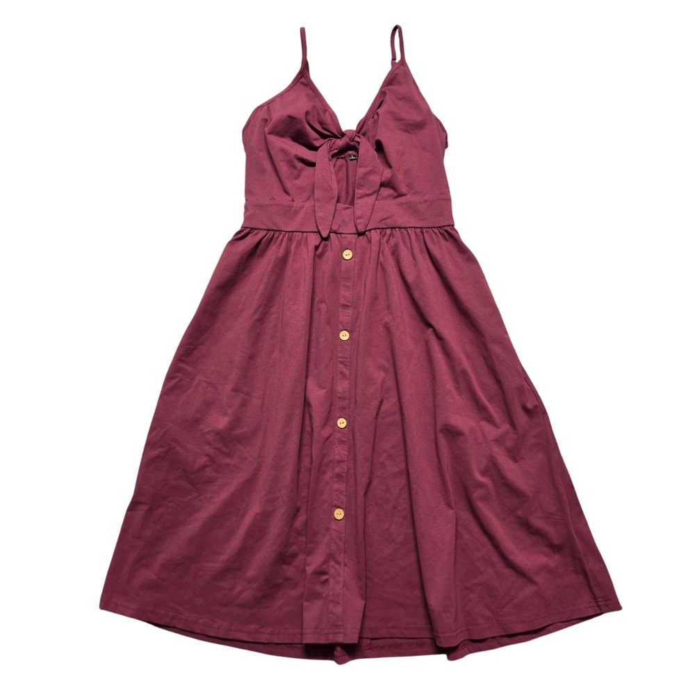 Cottagecore Boho Sundress Tie Front Button Detail Midi Womens Large Burgundy